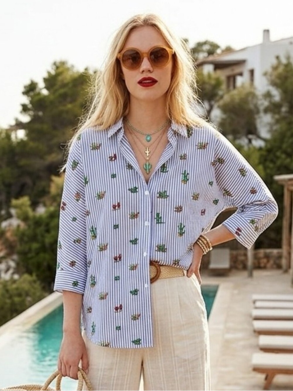 Zara Striped Embellished Button-Up Top with back slit
